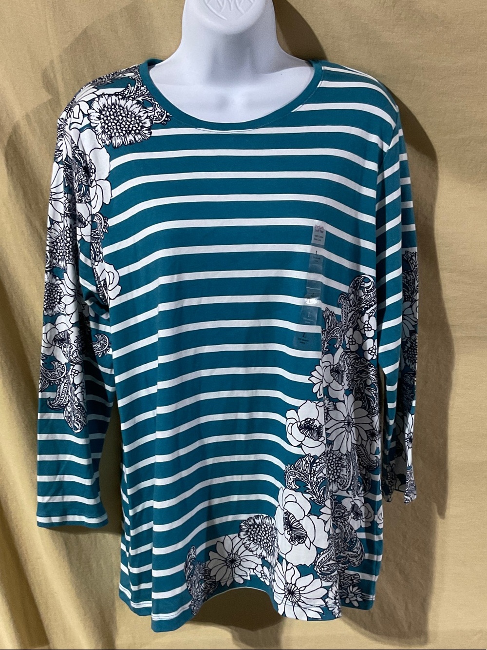 Kim Rogers Size L Teal and White Striped Floral Long Sleeve Tunic